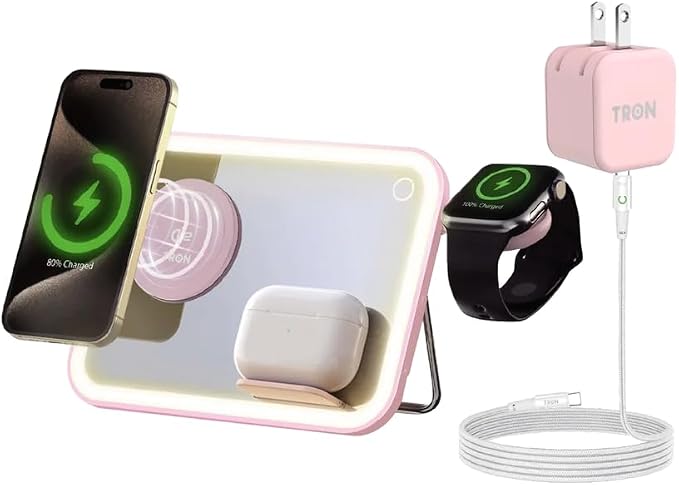 Tron 3 in 1 Qi Wireless Charger Mirror Pink Include led 6 ft Led Cable and 25w Power Adapter. Pink Color