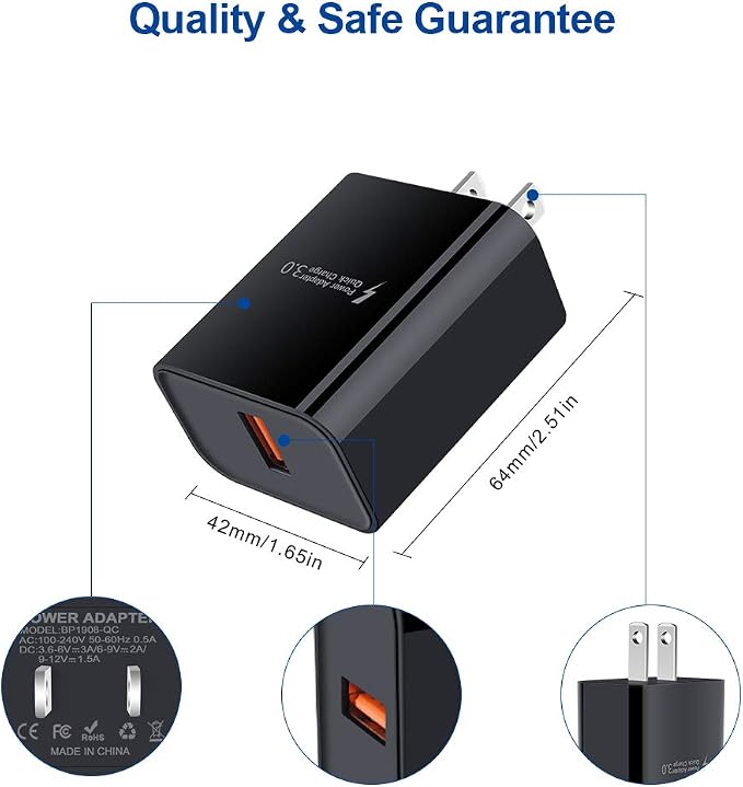 Android Phone Fast ChargerQuick3.0 USB Fast Wall Charger Plug Micro USB Cable 6FT Compatible for Samsung Galaxy J3 J5 J7 J8 S7 S6 A10 A02 A6 A01 LG Stylo 2 3 Plus Moto G/X/E E4 E5 E6s E7 G5 Plus