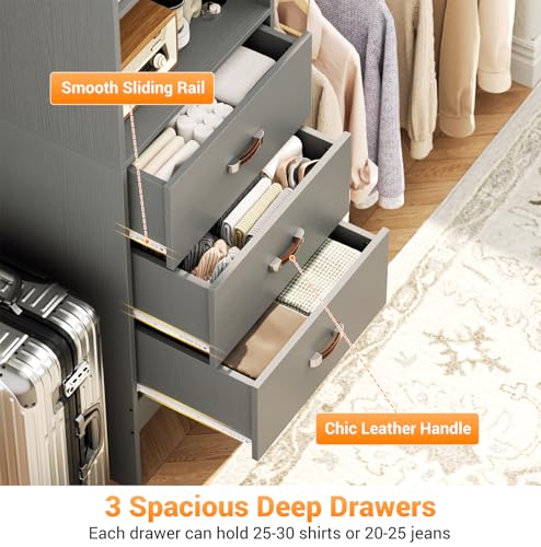Homieasy 96 Inches Closet Organizer System, 8FT Customizable Walk In Closet Organizer with Hanging Rods, 3 Drawers Garment Rack with Leather Handle , 96" L x 16" W x 75" H, Max Load 1000 LBS, Grey - color: Grey