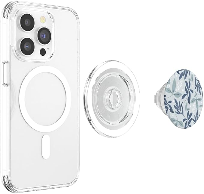 Blue Botanical Foliage &amp White Berry Floral Bud Pattern PopSockets Adhesive PopGrip