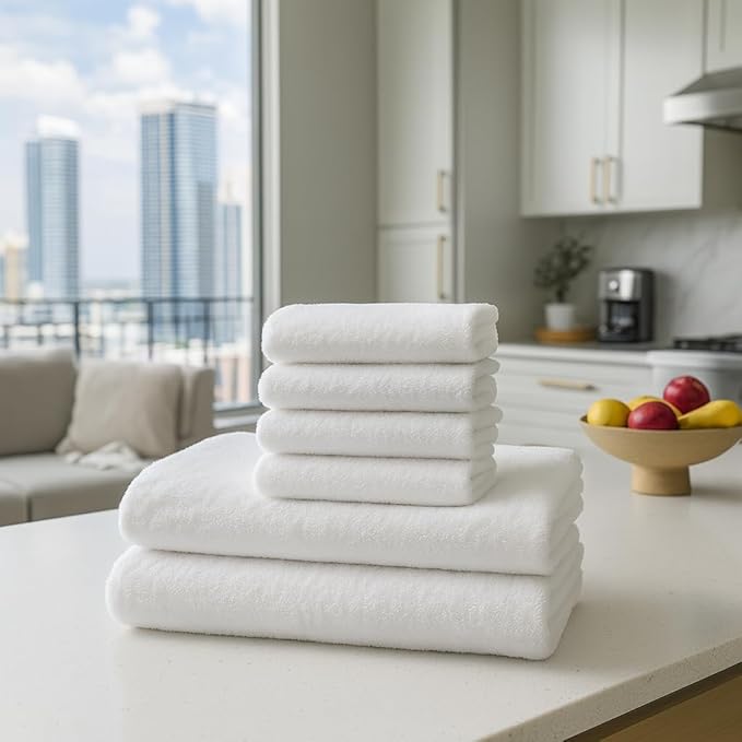 Luxury Hotel-Quality White Towel Set – 6 Pc Oversized Bath Towels & Washcloths, 563 GSM 100% Ring-Spun Cotton, Ultra-Soft Spa Textured, Fast-Drying & Durable – Ideal for Home, Airbnb, Dorm