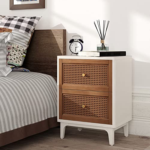 COZAYH Fully-Assembled 2-Drawer Woven Cane Front Accent Nightstand with Brass Knobs, Distressed White - color: Distressed White, style: 2 Drawer/1 pack