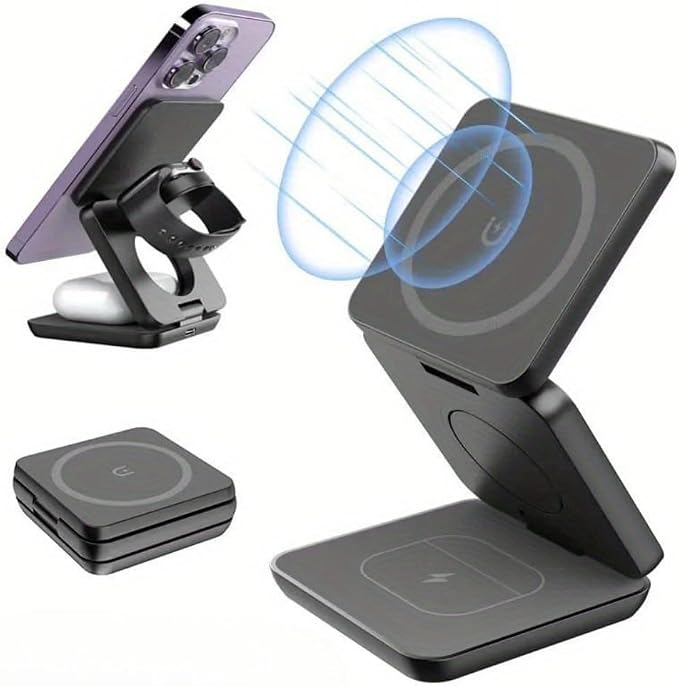 3 in 1 Magnetic Wireless Charger Stand Fast Charging Dock for iPhone 16 15 14 13 12 Compatible (Black)