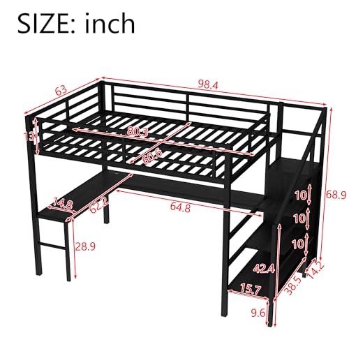 Bellemave Queen Loft Bed with Desk & Wardrobe, Heavy Duty Metal Loft Beds Frame with Storage Stairs, LED Loft Bed Queen Size with Charging Station & Safety Guardrails, No Box Spring Needed, Black - color: Black, size: Queen