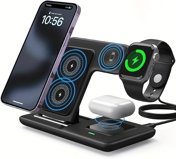 Foldable 3-in-1 Wireless Charging Station Fast Charging Stand Dock for Smart Watch Earbuds &amp Phone Magnetic Connection USB Powered