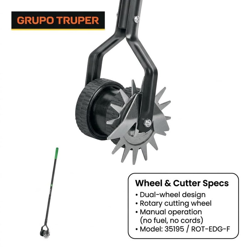 Truper Rotary Lawn Edger, Dual Wheel Design, 48-Inch Fiberglass Handle with Non-Slip Grip, Manual Sidewalk & Garden Edging Tool (Model 35195)