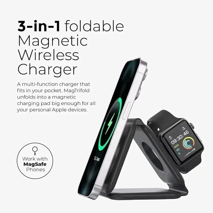 Foldable 3 in 1 Fast Charging Pad Desktop Wireless Charger for iPhone 17 16 15 14 13 12 Pro Max iWatch 10 9 8 7 6 AirPods Pro 2 (Black)