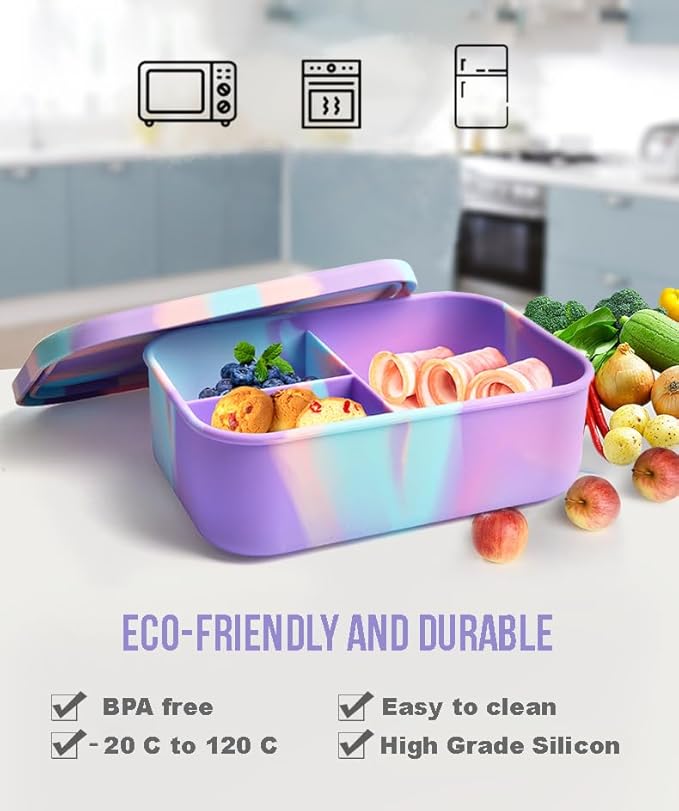 PACKED JOY Silicone Lunch Box for Adults & Kids, 40oz Bento Box | 3 Compartments, Leak-Proof Design, 100% Food-Grade Silicone | Microwavable & Portable For All Occasions (5.7x8.5in) (Purple)