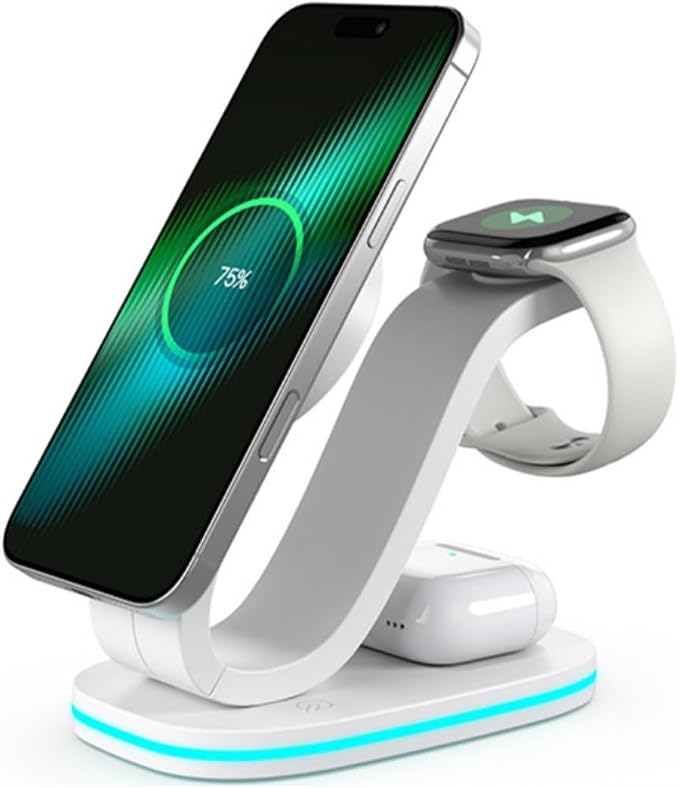 3 in 1 Wireless Charging Station for Apple/Huawei/Samsung Devices 15W Fast Wireless Charger with Blue RGB Light for iPhone 16/15/14/13/12 Apple Watch &amp Airpods Etc.Black