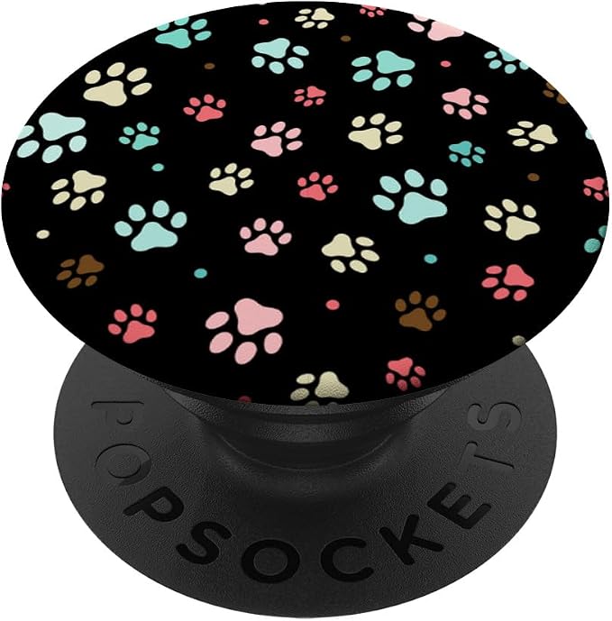 Cute Colorful Paw Print Pattern On Black Background PopSockets Adhesive PopGrip
