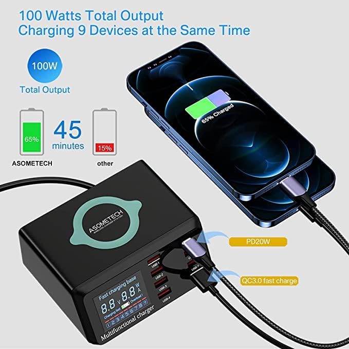 USB Charger Hub ASOMETECH 100W 8-Port Desktop Multiple USB Charging Station with PD Port, Quick Charge 3.0 Port, Wireless Charger, LCD Display Fast USB C Charger for iPhone 12, Tablet and More