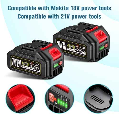 2 pcs Batteries Replacement for Makita, 4.0Ah 4000mAh battery for 18V 20V 21V power tools with a Battery Charger, Battery Compatible with Makita 18V tools,Leaf Blower,weed wacker,Chainsaw,Power washer