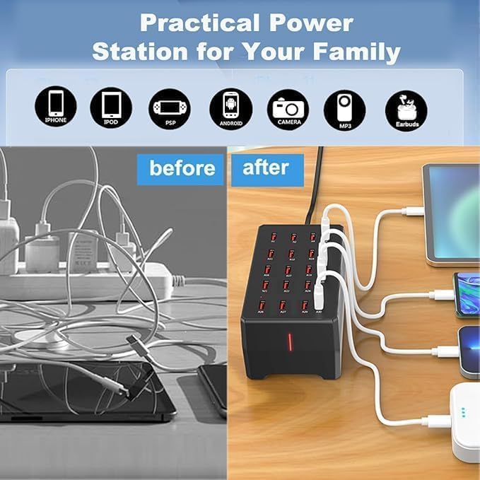 20-Port Black USB Charging Station100W/20A Multi-Port USB Hub Suitable for Smartphones Tablets and Other USB Devices.