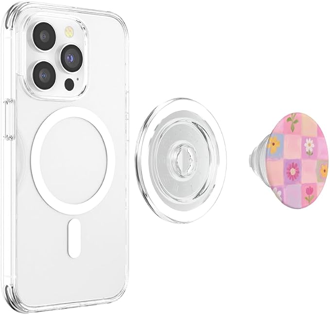 Pink Pastel Floral Check Pattern PopSockets PopWallet for MagSafe
