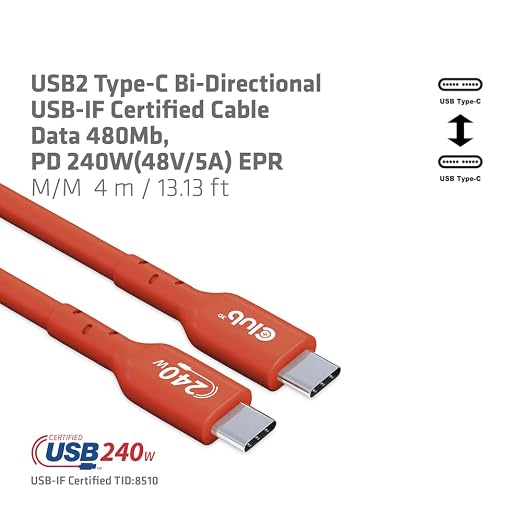 Club 3D CAC-1511 USB2 Type C to Type C Certified Bi-Directional Cable with 240W Charging 480Mb Data Transmission EPR 1m - 3.28ft
