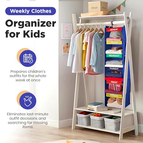 Handy Laundry Hanging Clothes Organizer for Kids - 6-Shelf Closet Daily Clothing Organization Labeled Shelves with Days of The Week Monday Through Friday, Weekday and Weekend (Blue) - color: Blue
