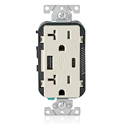 Leviton Type A &amp Type-C USB In-Wall Charger with 20A Tamper-Resistant Outlet USB Charger for Smartphones and Tablets. Not for Laptops T5833-E Black
