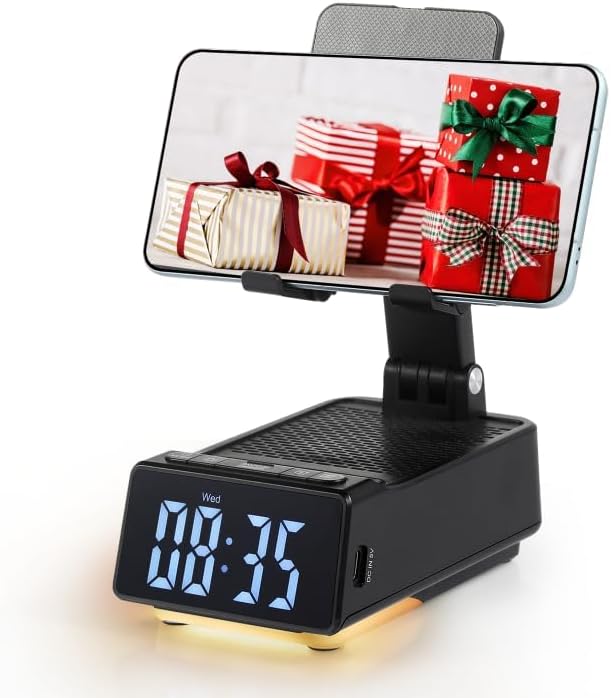 Birthday Gifts for Women Men 7 in 1 Multi-Function Phone Stand with Bluetooth Speaker Portable Charger Alarm Clock LED Light USB Playback Hands-Free Calling (Black)