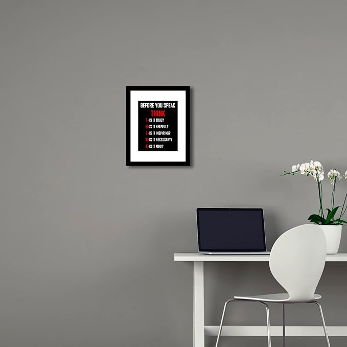 Wieco Art Think Quotes Wall Art Inspirational Canvas Print Motivation Classroom Decor With Black Picture Frame and HD Plexiglass Made to Display 8x10" with Mat or 11x14" Without Mat