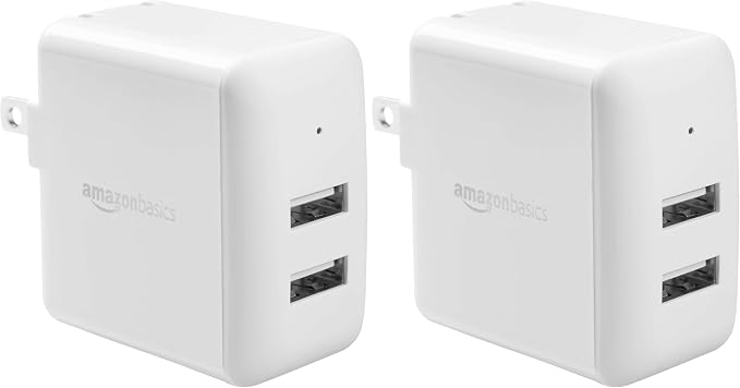Amazon Basics 24W Two-Port USB-A Wall Charger for Multiple Devices Space-Saving Design 12W 2.4A per Port for iPhone 16/15/14/13/12/11/X Samsung and More Black