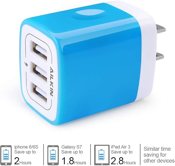 Wall Charger AILKIN 3.1A MultiPort Fast Charger Plug Travel Home Power Adapter Quick Charging Block Base Boxed for iPhone 15 14 13 12 11 10 8 7 Pro Max Mini Samsung Galaxy Pixel Kindle USB Brick