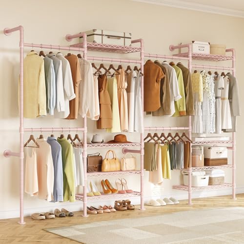 ONBRILL H4 Wall Mounted Closet System, Expandable Industrial Pipe Clothes Rack Clothing Rack for Hanging Clothes, Heavy Duty Closet Organizers and Storage in Wardrobe Closet - color: Pink