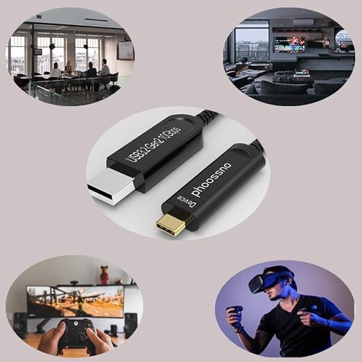 USB A to C Extension Fiber Optical Cable USB 3.2 Gen2 10Gbps 10M 33FT Right Angled Compatible with Microsoft Azure Logitech Aver Vaddio Camera Barco ClickShare Kinect Intel RealSense
