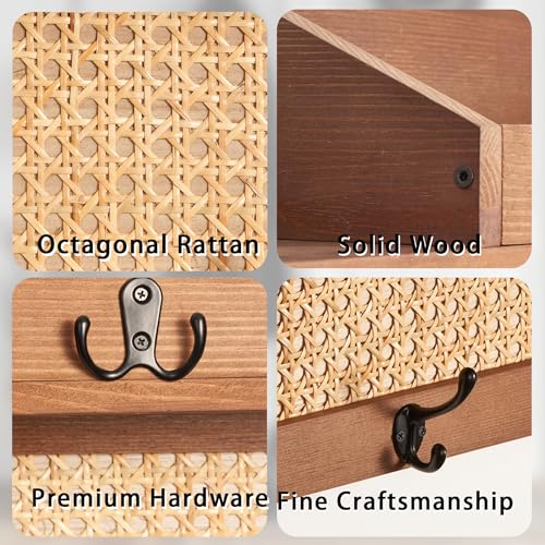 Coat Rack Wall Mount with Hooks & Shelf - Wooden Entryway Organizer for Hanging Coats, Keys, Hangers - Space Saving Durable Wood Holder for Hallway, Bedroom, Office-The Rattan Model