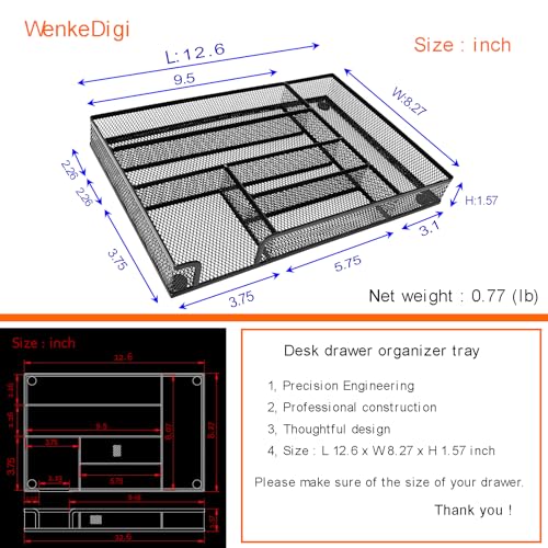 2-Pack Metal Mesh Desk Drawer Organizer Tray Set, 6-Compartment Office Drawer Organizer for Pens Supplies, 12.6"x8.27"x1.57" Black - color: 2pcs packed black