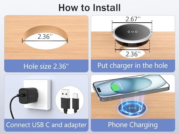 Recessed Magnetic Wireless Charger 15W Hidden Desk Mount for iPhone 17-12 | Qi Certified Fast Wireless Charging PadFlush Mount Design Under Desk Installation Space Saving Office Desk Nightstand