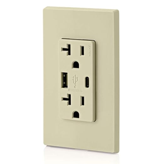 Leviton Type A &amp Type-C USB In-Wall Charger with 20A Tamper-Resistant Outlet USB Charger for Smartphones and Tablets. Not for Laptops T5833-E Black