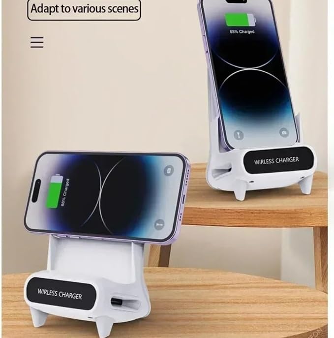 Wireless Charger with Speaker Desktop Phone Holder Stand for iPhone 17-12 Pro Max Samsung S25 S24 Xiaomi Smart Charging Station (White)