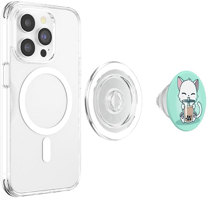 Cute Boba Kit Tea Cat Enjoying Tea Pet Kitty Lover Green PopSockets PopGrip: Swappable Grip for Phones &amp Tablets