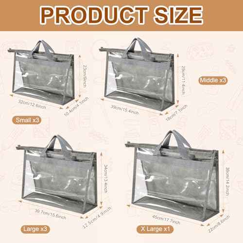 10 Pcs Dust Bags for Handbags,Clear Handbag Storage Organizer,Purse Storage Organizer for Closet,Purse Protector Storage Bag with Zipper Handle and Hooks (Grey)