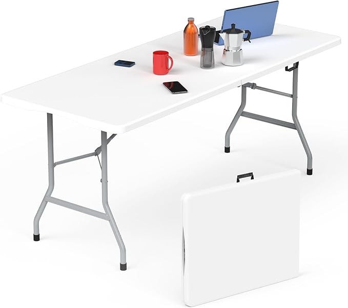 Folding Table 6ft, Foldable Portable Heavy Duty Plastic Fold-in-Half Utility Table with Handle & Safety Locks, Picnic Table Indoor Outdoor for Camping, Picnic and Party