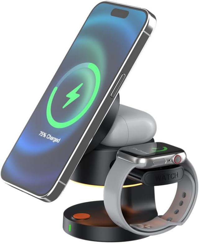 4-in-1 Magnetic Wireless Charging Station 15W Fast Wireless Charger Dock with Retractable Watch Charger &amp LED Night Light Foldable Charging Stand for Phones Smart Watches Black