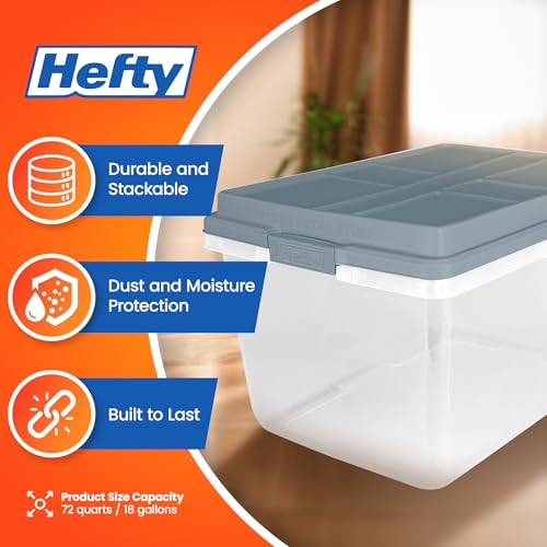 Hefty 72 Quart Hi-Rise Storage Bin with Lid, Stackable Plastic Container Tote for Home, Office, and Classroom Organization, 6 Pack, Smoke Blue