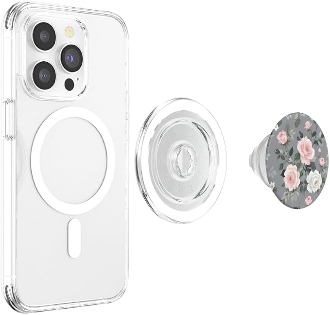 Pink Flowers Gray Leaves PopSockets Adhesive PopGrip