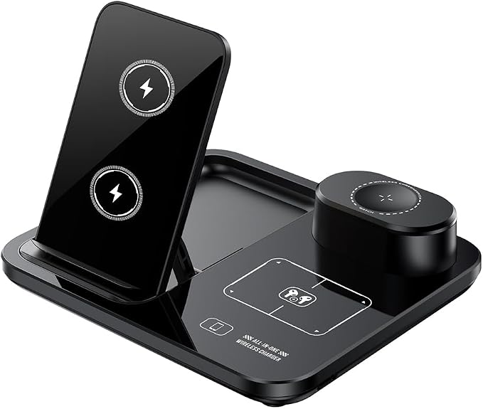 IHAO 3in1 Multifunctional Foldable Wireless Charging Station with LED Ambient Night Light Fast QC3.0 Charger for Phone iWatch Headphone Space-Saving Auto-Shutoff &amp Overcharge Protection-Black