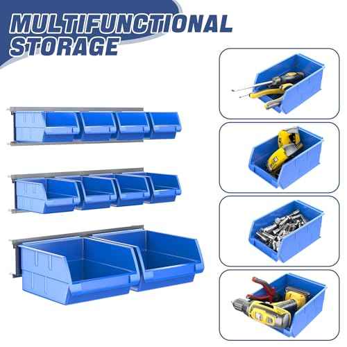 WALMANN Wall Mounted Storage Bins for Small Parts, 10 Bins with 3 Metal Rails, Plastic Wall Bins for Screws, Bolts, Nuts, Craft Room, Workshop, and Garage Storage Bins(Blue)