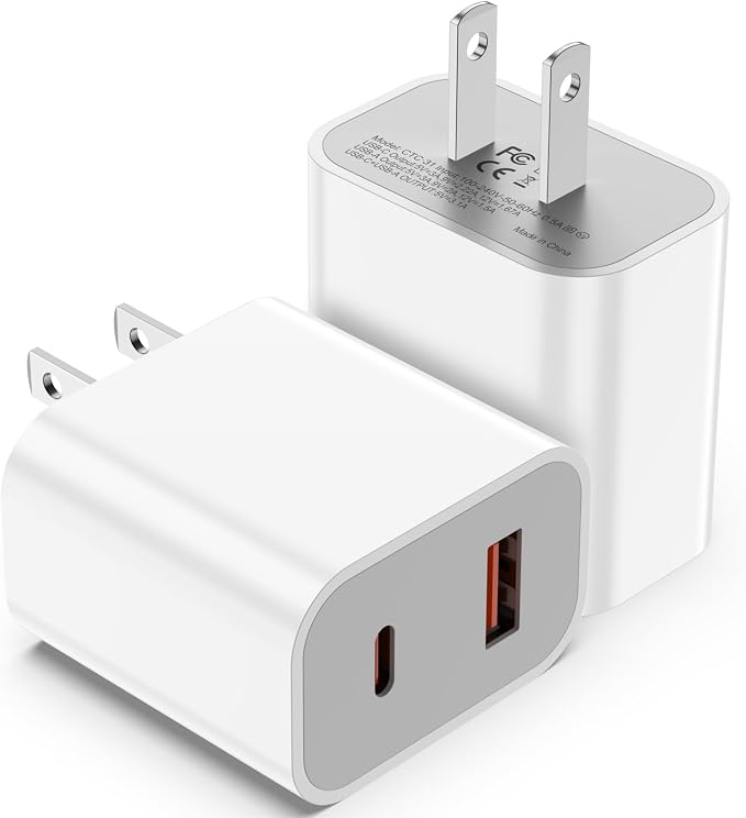 2 Pack 20W USB C Charger Block Dual Port Type C Fast Charging Wall Charger Power Adapter Brick Cube for iPhone 17 16 15 14 Plus/Pro/Pro Max/17 Air 13/12/11 XS/XR/X (White)