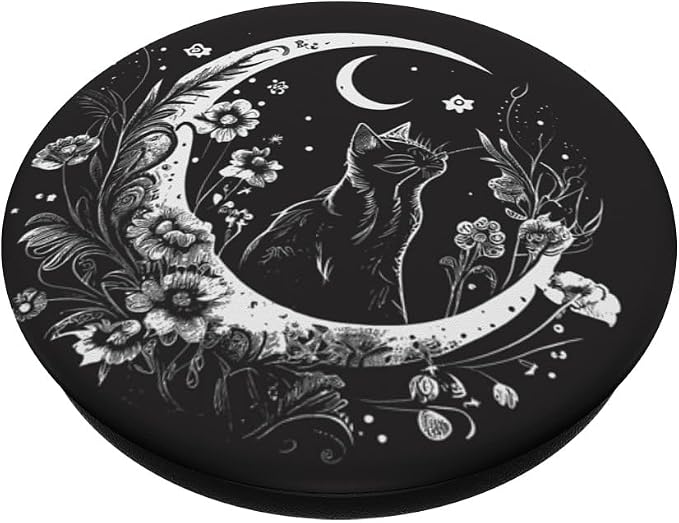 Cat Sitting On Crescent Moon Flowers Stars Drawing PopSockets Adhesive PopGrip