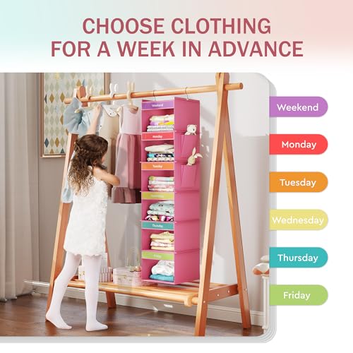 YOUDENOVA 6-Shelf Weekly Hanging Closet Organizer, Weekly Clothes Organizers for Kids with 2 Side Pockets, Pink - color: Pink