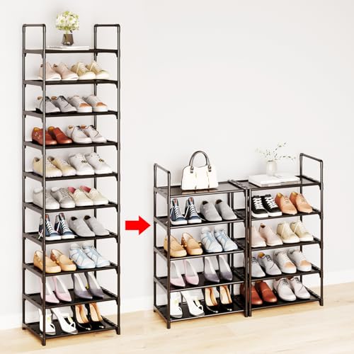 10-Tier Large Shoe Rack,20-25 Pairs Sturdy Shoe Shelf Storage Organizer,Tall Shoe Stand for Entryway, Hallway and Closet(Black) - size: 10-Tier(Black)
