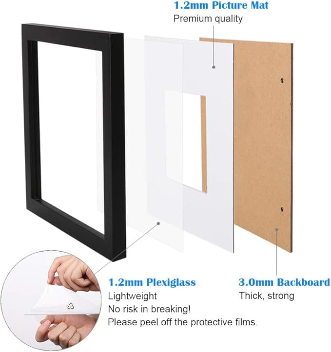 Egofine A2 Solid Wood Picture Frame, Made of Solid Wood Covered by Plexiglass A3 with Mat 16.5 x 23.4 without Mat, Poster Frame for Wall Mounting Hanging Photo Frame Vertically or Horizontally, Black