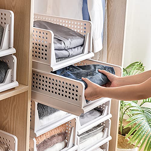 Folding Wardrobe Storage Box 4-Pack Plastic Drawer Organizer Stackable Shelf Baskets Cloth Closet Containers Bin Cubes,Home Office Bedroom Laundry Fold Pull Out Dividers for Clothes,Toys White