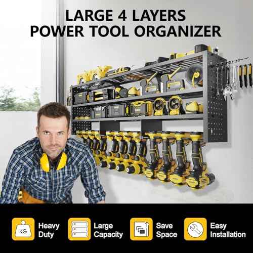 49" W Large Power Tool Organizer Wall Mount, 4 Layer Heavy Duty Metal Tool Storage Rack with 12 Drills Holder, Utility Racks for Garage Workshop, Ideal Garage Organization