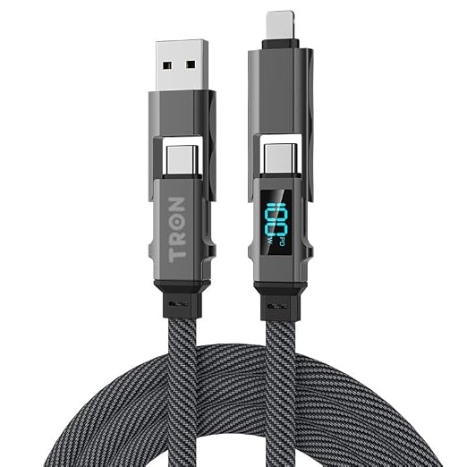 TRON 4-in-1 Braided Charger Cable 100W 5FT Type-C/USB-A/L Port for iPhone/iPad/Android/Laptop LCD Display TR52