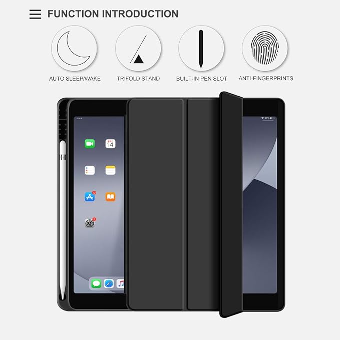 Aoub Case for iPad 9th/8th/7th Generation 10.2 inch Auto Sleep/Wake Slim Lightweight Trifold Stand Smart Cover Soft TPU Back Case with Pencil Holder for iPad 10.2 2021/2020/2019 Black
