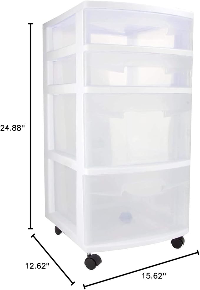 Sterilite 28228002 Home 4 Drawer Wide Storage Cart Portable Container w/Casters
